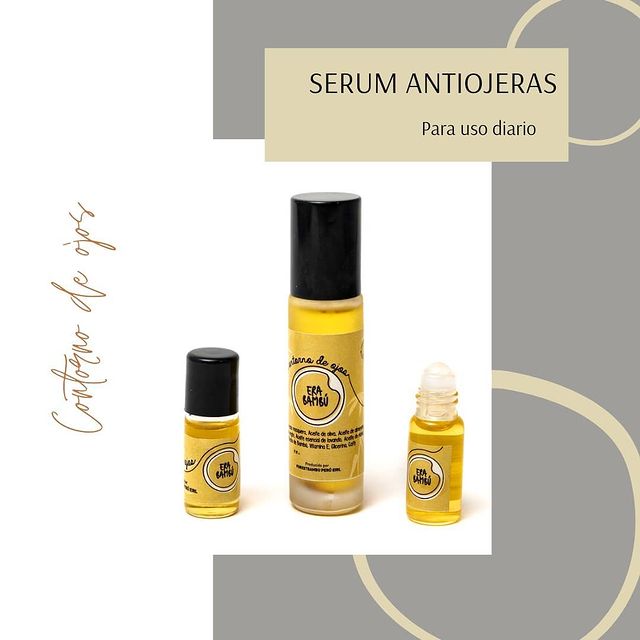 Serum contorno de ojos - El contorno de los ojos requiere mayor cuidado, ya que es la parte más sensible del rostro, podemos aprovechar las propiedades de algunos aceites naturales y el café para mitigar las ojeras.CONTENIDO: Coffea arabica, aceite de rosa mosquera, aceite de oliva, aceite de almendras, aceite de argán, aceite de recino, vitamina E, glicerina.