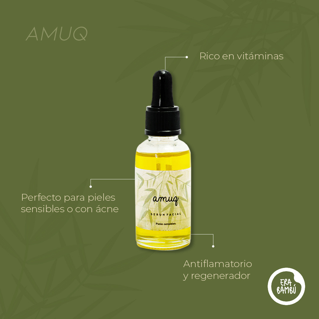 Serum Facial AMUQ Piel Sensible - Perfecto para pieles sensibles o con problemas con acné, con sus propiedades antinflamatorias, regenerador, hidrata la piel, rico en vitaminas, ligero y de fácil absorción, ofrece protección UV natural por las propiedades del bambú. perfecto para uso diario.CONTENIDO: Aceite de almendras, aceite de argán, aceite de shacha inchi, aceite de pepita de uva, aceite de jojoba, oleato de bambú, oleato de cola de caballo, aceite esencial de ylang ylang. Vitamina E.