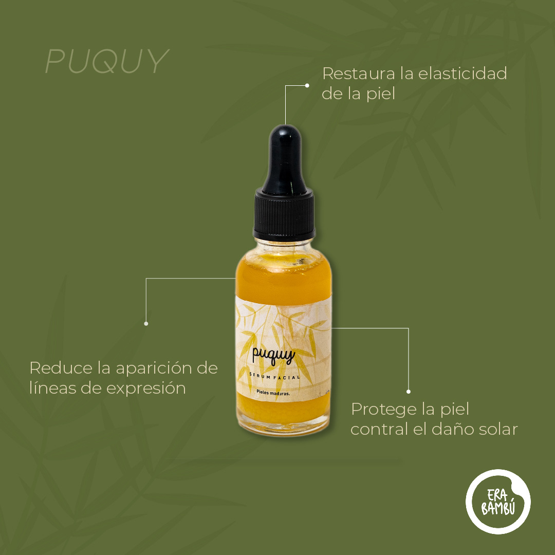 Serum Facial PUQUY Piel Madura: 40 a más - Perfecta para pieles secas y maduras, Reduce la aparición de líneas finas y arrugas. Ayuda a aclarar las manchas oscuras causadas por la exposición al sol. Protege la piel contra el daño solar. Restaura la elasticidad de la piel.CONTENIDO:&nbsp;Aceite de jojoba, oleato de bambú, aceite de argán, aceite de germen de trigo, aceite de aguacate, aceite de rosa mosqueta, aceite de aguaje, aceite esencial de rosas, vitamina E.